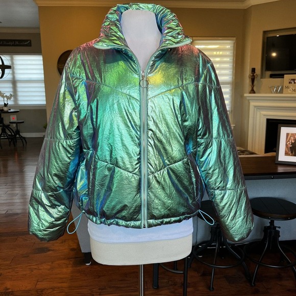 TCEC Jackets & Blazers - TCEC Metallic Puffer Jacket Size Large Shiny Green Coat Full Zip